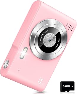 Aycy Kids Digital Camera 4K UHD 48MP Point & Shoot with 64GB Card, 16X Zoom, Anti-Shake - Pink Compact Gift for Boys Girls