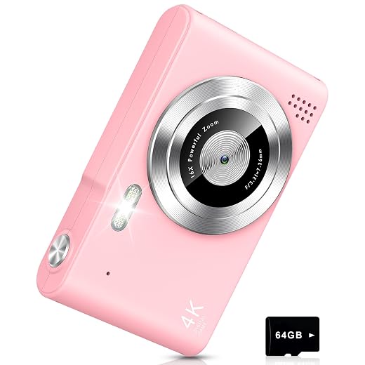 Digital Camera UHD 4K with 64G Card 16X Zoom Light & Easy for Kids, Pink