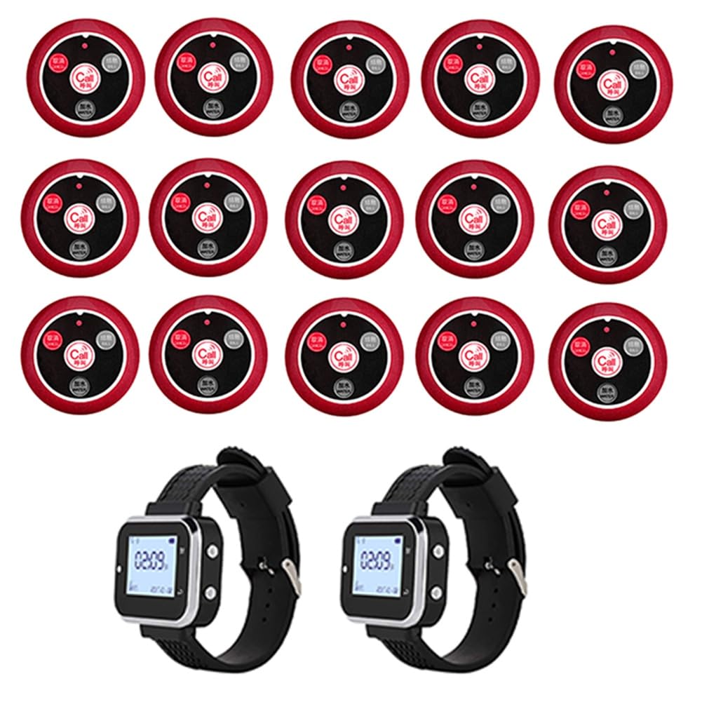 Wireless Calling System für Restaurants 2 Watch Waiter Pager 15 Restaurant Table Call Button Transmitter Wireless Calling System EU Plug