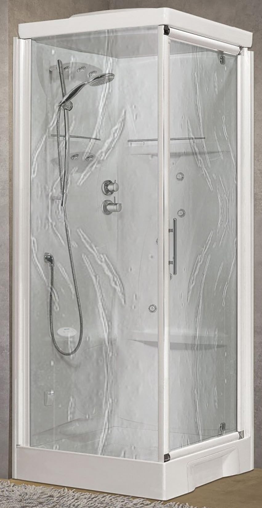 Novellini New Holiday GF80 Hammam 80 x 80 cm Cabina de ducha multifunción apertura batiente mezclador mecánico cristal Aqua perfil blanco reversible hidromasaje Sauna barra de bajante alto 225,5 cm