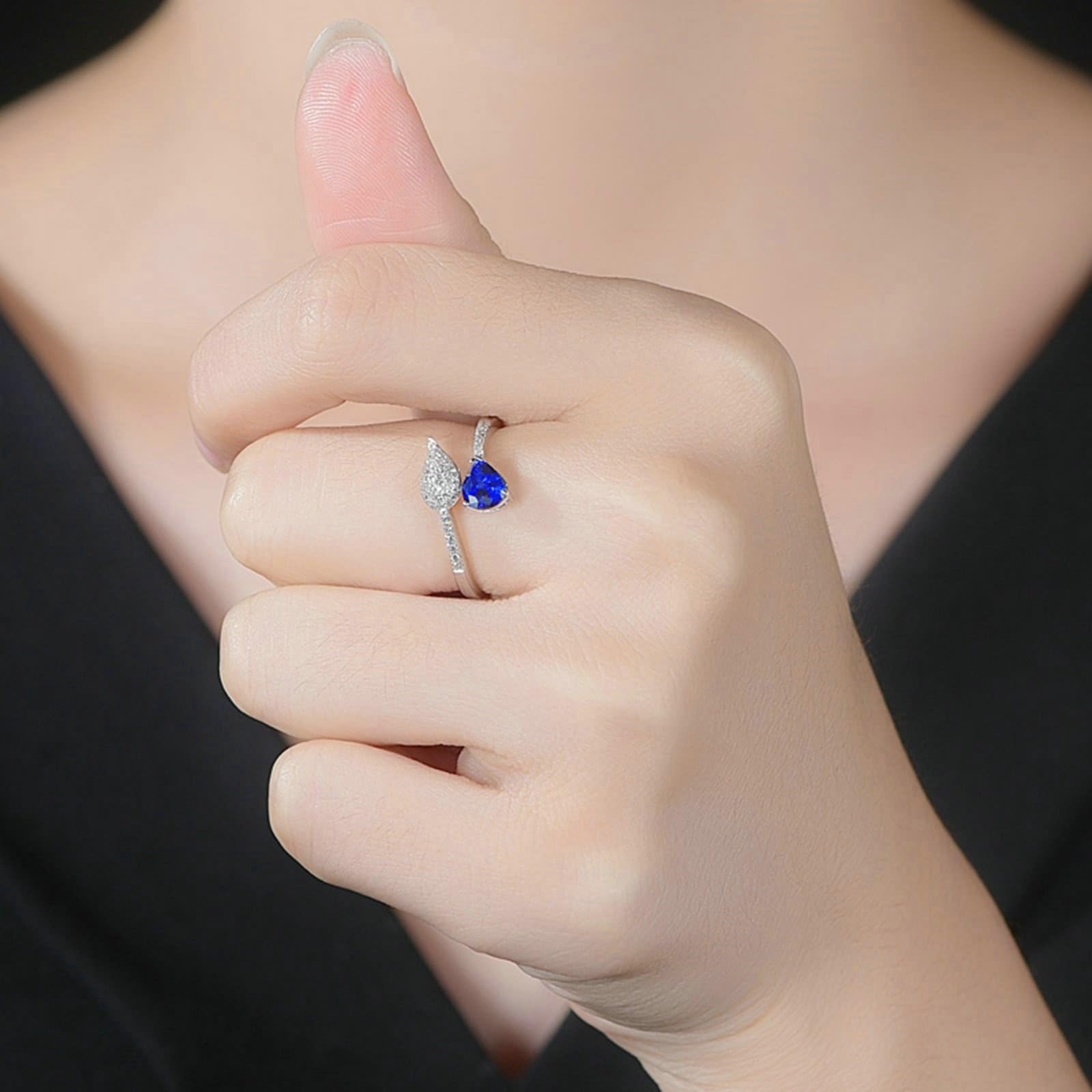 Eheringe Lesben, Ring Damen Ausfallend Verstellbar 18 Karat Weißgold Lab Saphir 0.52CT Blau Tropfenschliff VVS mit Diamant Natur Weiß Npassbar