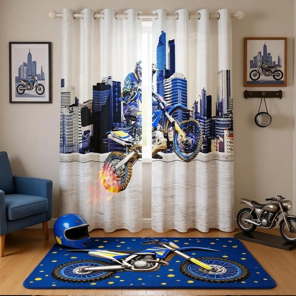 Loussiesd Boys Motocross Rider Window Treatments Extreme Sports Theme Curtain for Kids Girls Teens Decor Motorcycle Pattern Window Drapes Dirt Bike Motorbike Cool Blue Window Curtain W46*L72 — image 1