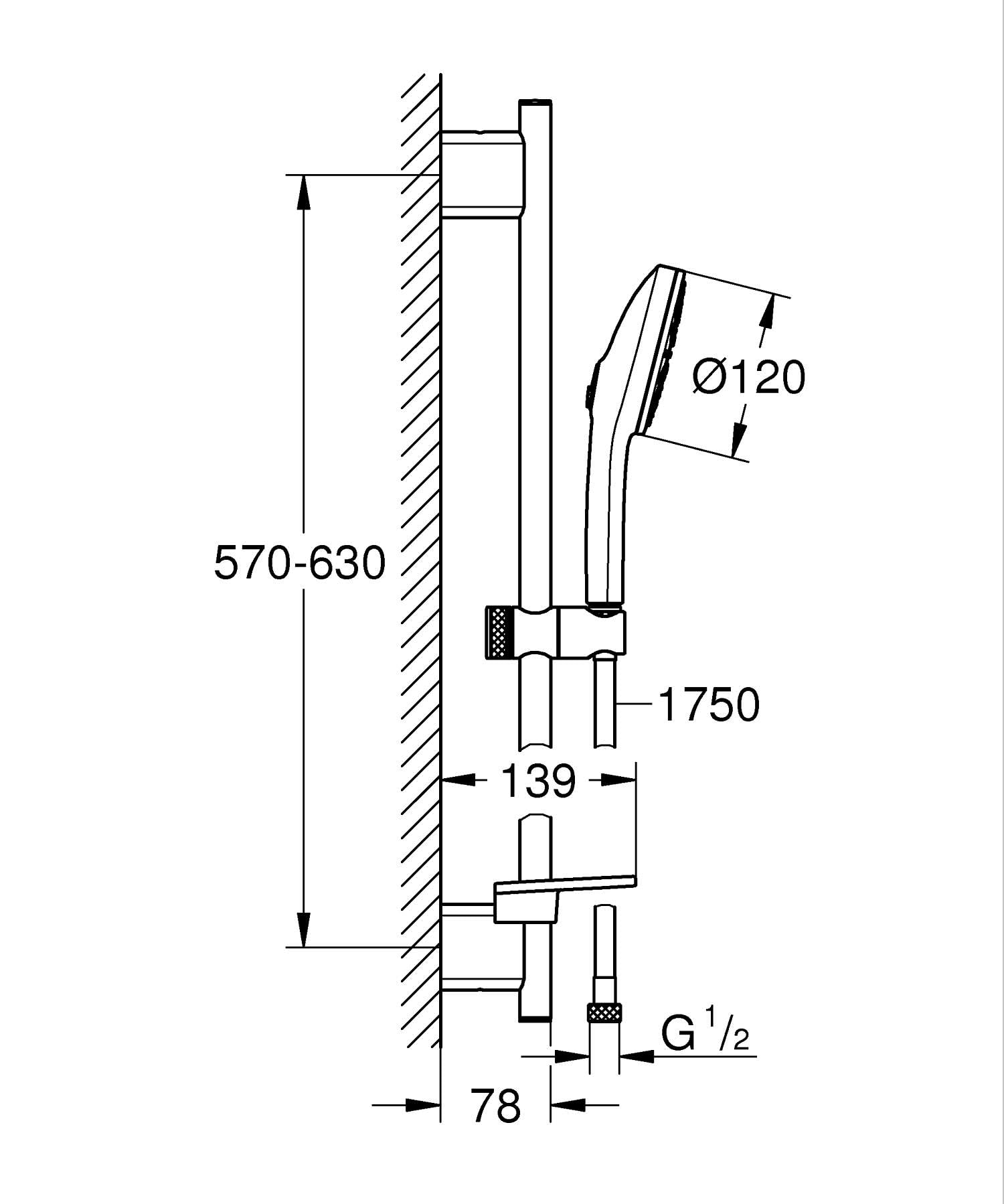 GROHE Vitalio Joy+ 120 Set Doccia: (doccetta ⌀ 120 mm 3 getti, risparmio idrico 6,3 l/min, protezione antiscottatura, tubo flessibile 1,75 m, asta 60 cm con piatto doccia), cromato, 1348660000