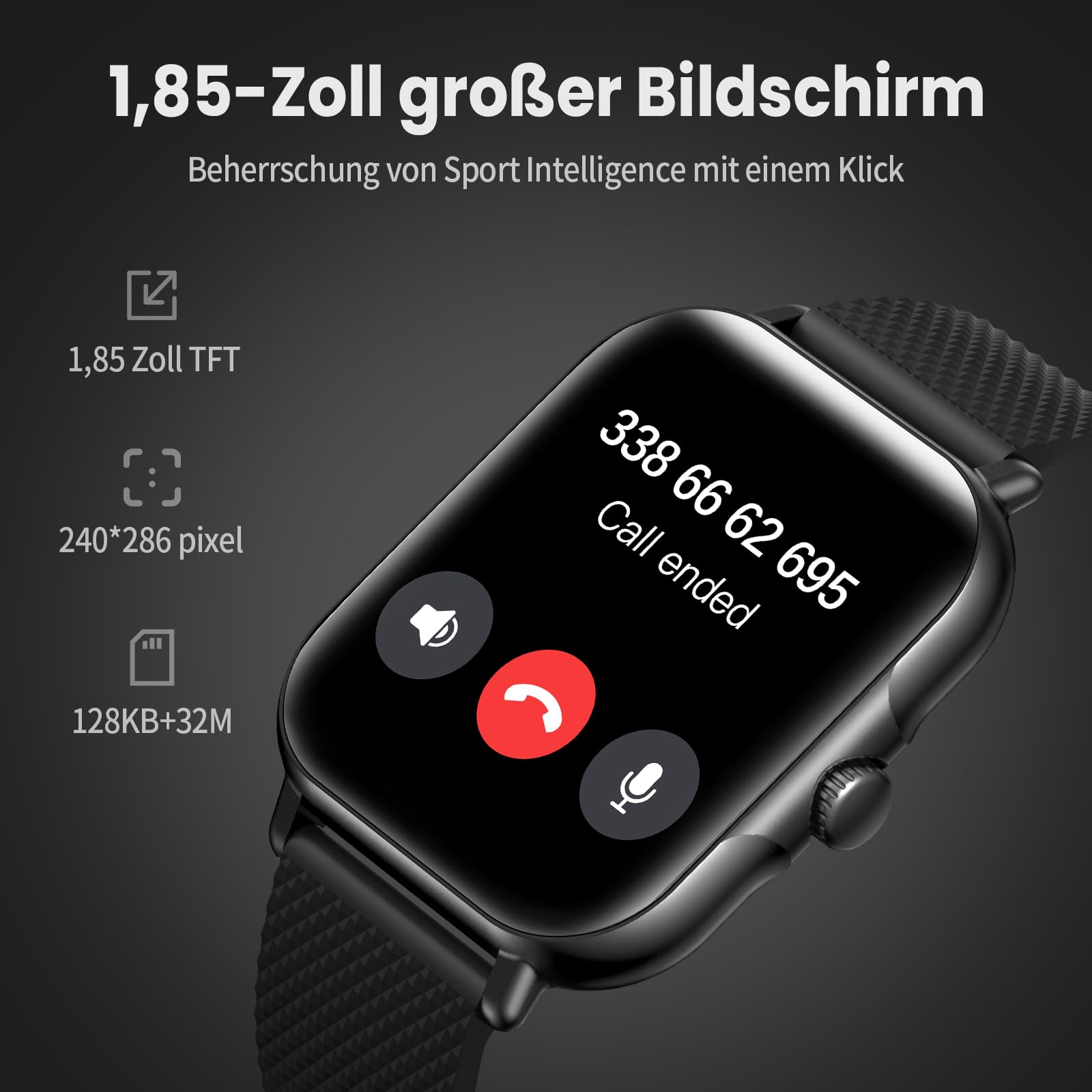 zaisia Smartwatch Uomo Donna, 1,85'' Orologio Fitness con Sonno Cardiofrequenzimetro, Smart Watch con Funzione di Notifica dei Messaggi e Chiamata, IP68 Impermeabile Tracker Fitness per Android iOS