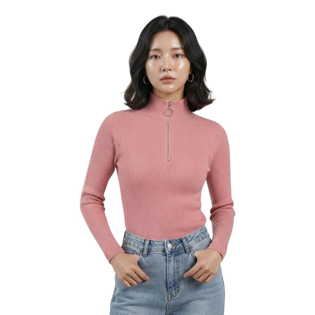 Women's Fall Winter & Autumn Fashion Half High Collar Zipper Styled Long Sleeved Trendy Korean Style Ring Zipper Solid Slim Knitted Stretchable Casual Comfortable Top|-picture-16