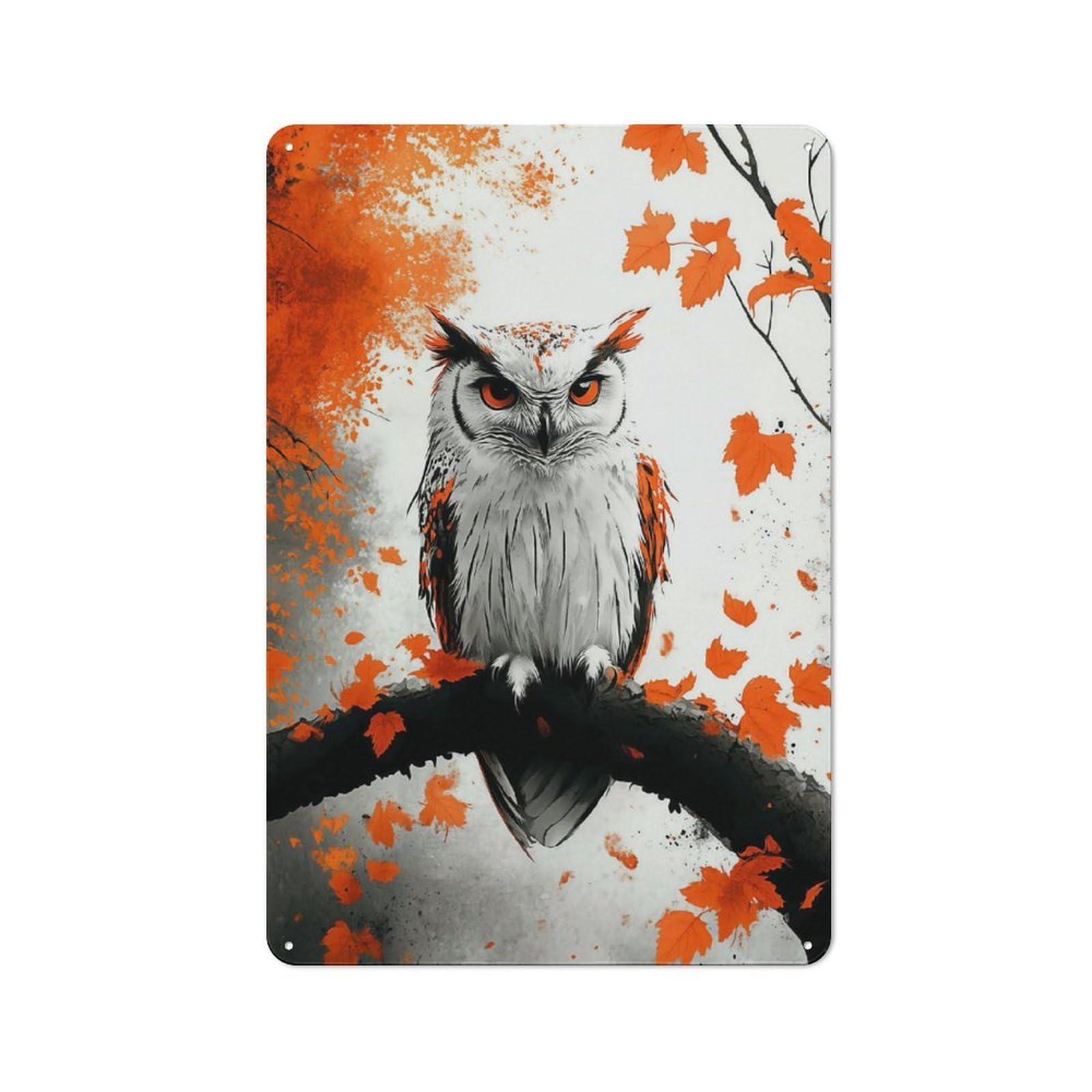 Junmoney Style-8 Owl Perched On Branch With Orange Leaves Retro Metal Sign 30X20cm, Retro Garage Wall Decor For Tool Room, Garage, Studio Or Home Bar