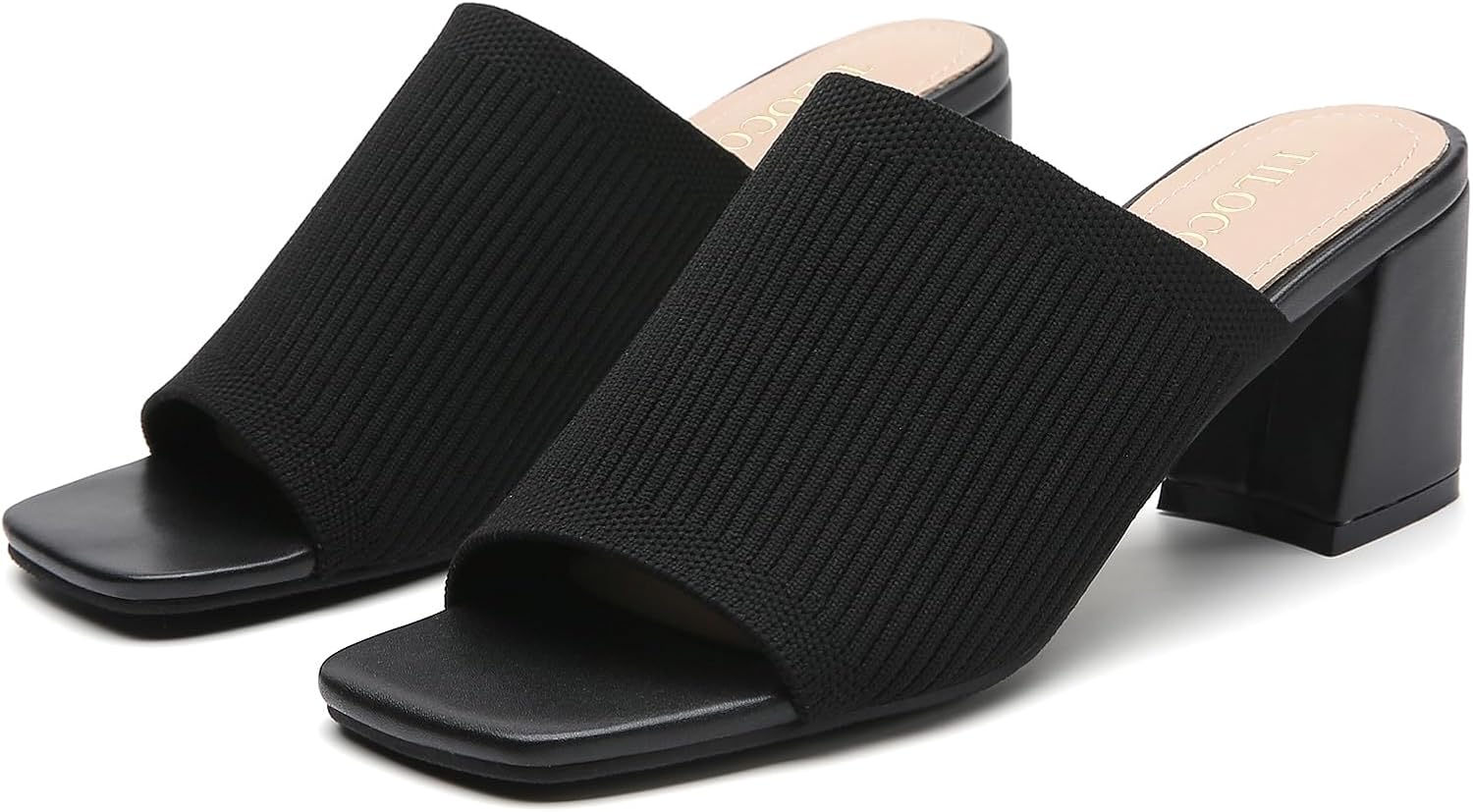 Tilocow Knit Heeled Sandals for Women, Square Open Toe Heels Sandals, Chunky Block Low Heel Slip On Mules - Image 8