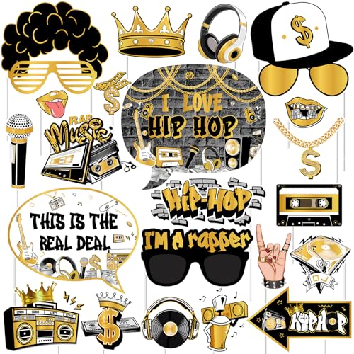 Cheereveal Golden and Black Hip Hop Photo Booth Props - 24 Pieces Retro Rock and Roll 90s Disco...