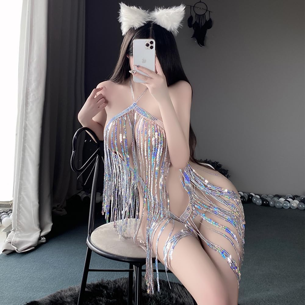 sexy lingerie dress for women outfit Costume anime cosplay cheongsam silver Sequin Fringe Outfits Roleplay underwear Perspective High Split Mini Skirt One-piece Bodysuit Dance Rave party