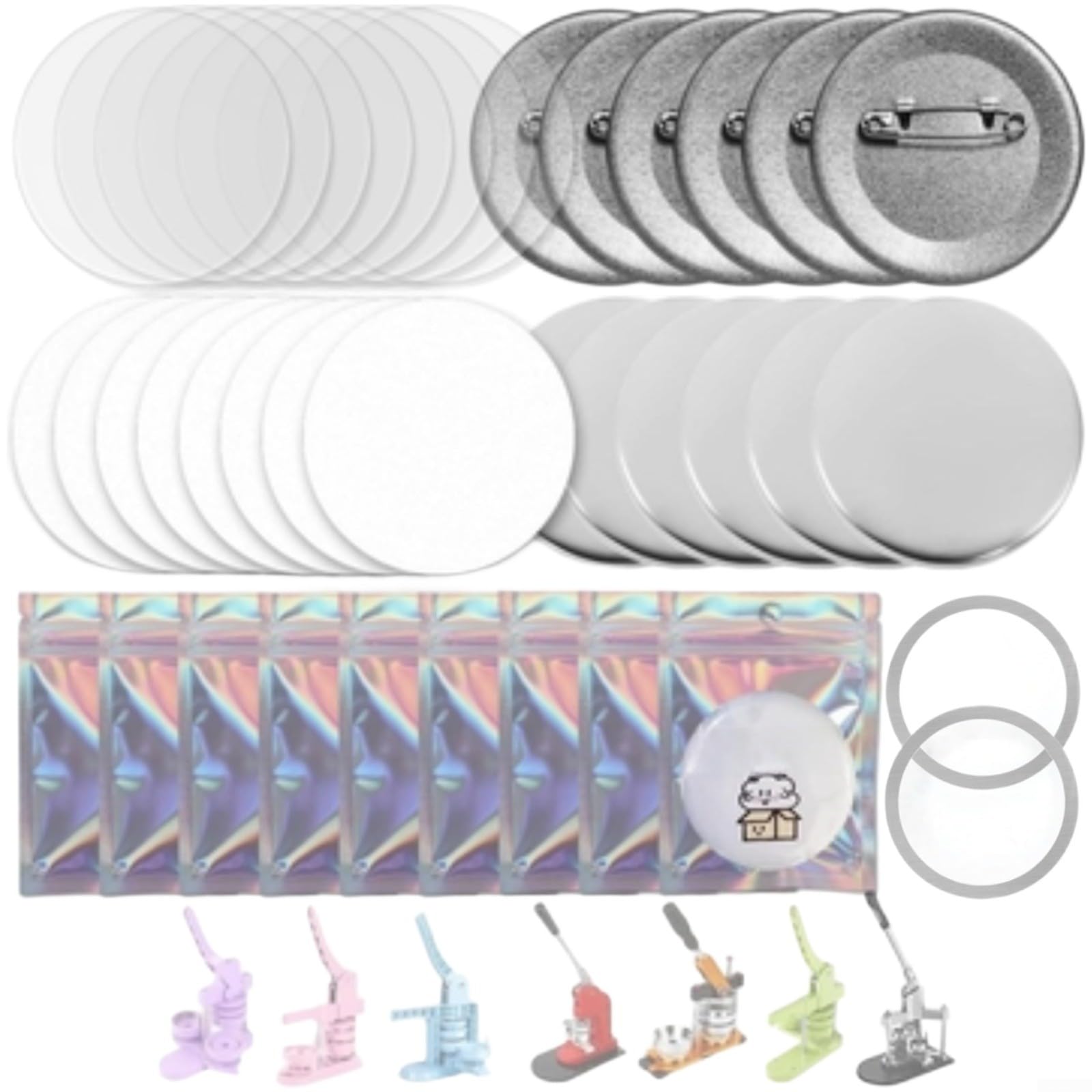 58 mm runder Knopfmacher mit leeren Papierbögen und transparenter Folie für DIY-Abzeichen und Anstecknadeln, kompatibel mit Standard-Maschinen