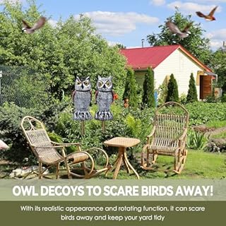 Lomrsiul Owl Decoys to Scare Birds Away, Rotating Head Plastic Garden Owl Scarecrow for Garden, Waterproof Owl Statue for Courtyard Orchard Doorway Roof Owl Decor 2 Pack