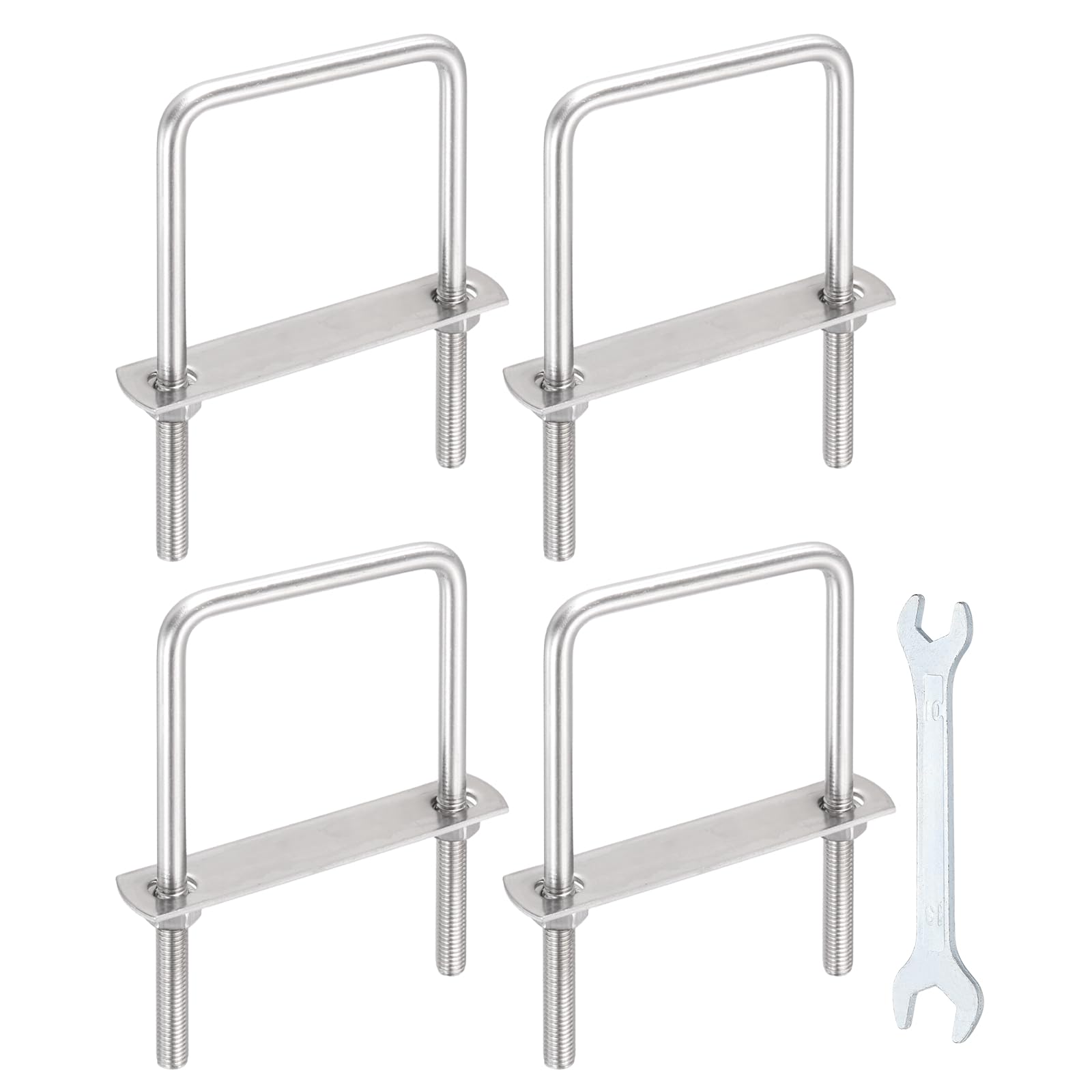 sourcing map 4 Sets M8 Square U-Bolts, 2.76"(70mm) Inner Width 3.9"(100mm) Length 304 Stainless Steel U Clamp Bolts with Nuts, Plates and Wrench for Trailer Ski Boat Fishing Boat โ image 1