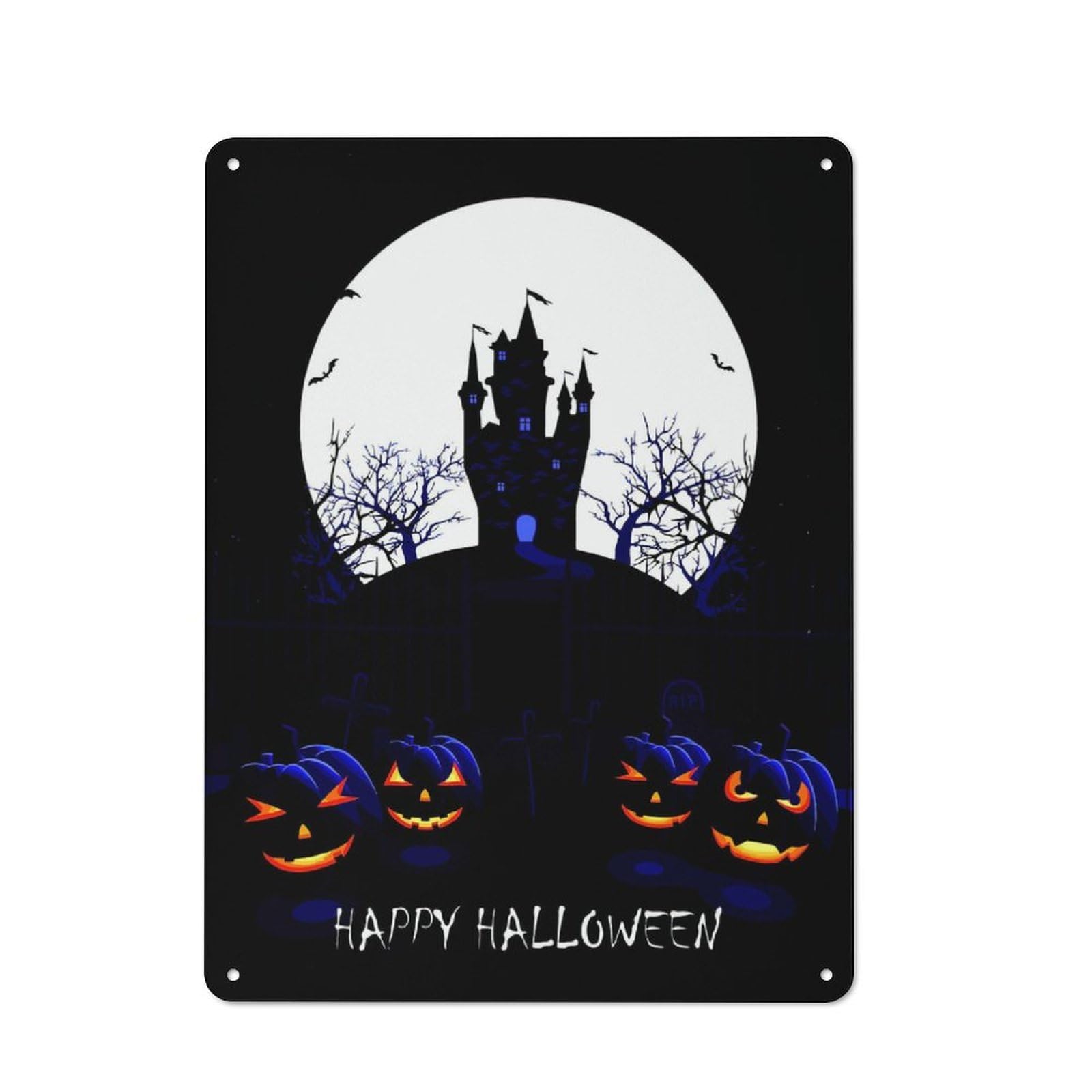 Nostalgic Halloween Castle & Pumpkins Metal Wall Sign 40x30cm, Bar Wall Plaque for Pub, Home Bar, Shed Or Man Cave