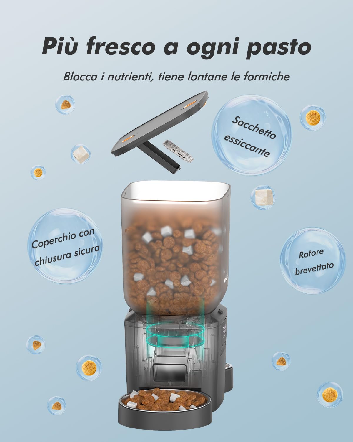 Distributore automatico cibo gatti con 2 ciotole, capacità 8L | croccantini fino a 18mm, senza blocchi, ciotole in acciaio inox, facile da pulire, doppia alimentazione, per più gatti e cani