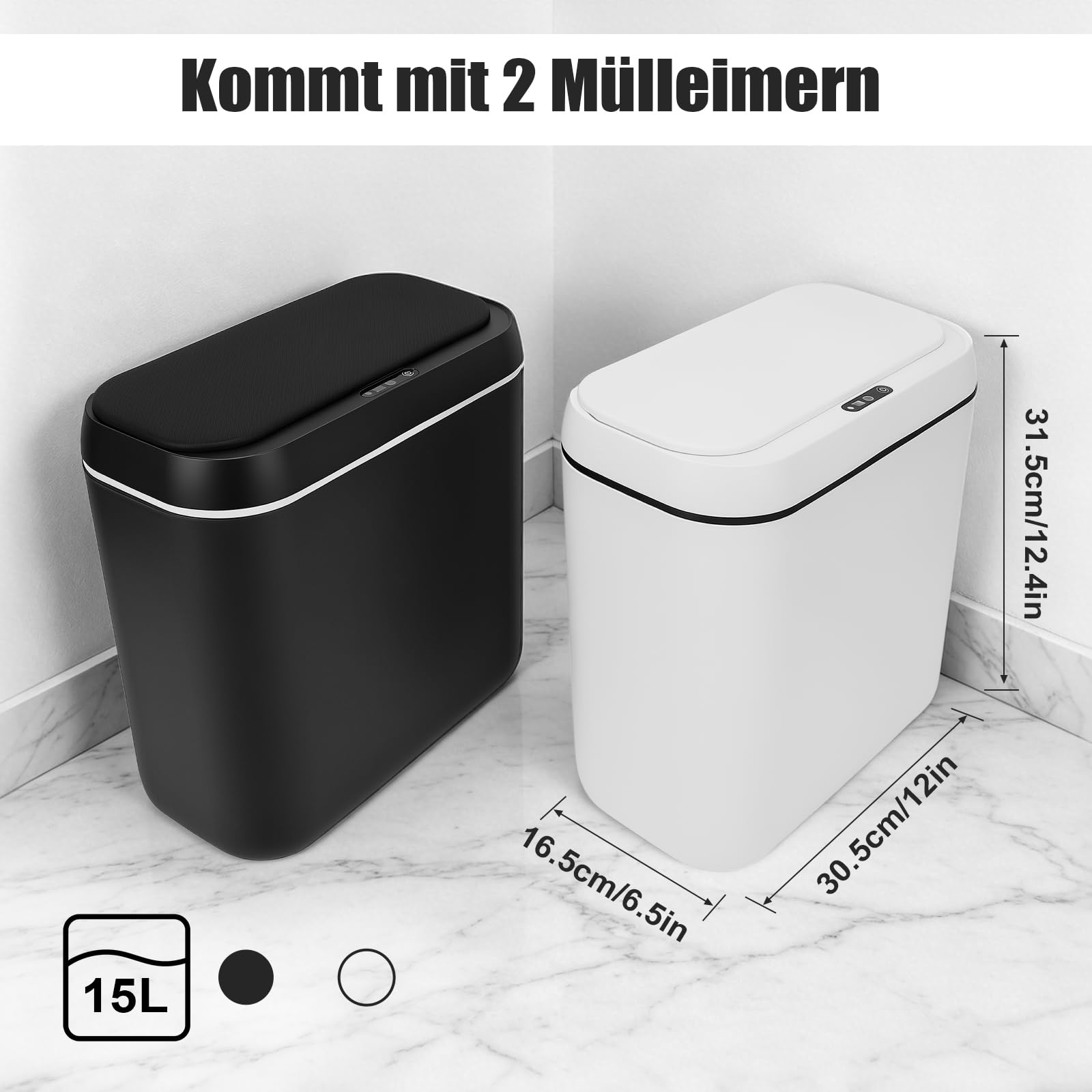 2er Set Mülleimer Bad mit Sensor, 15L Elektrischer Mülleimer mit Deckel | Leise und Wasserdicht, Schlankes Schmales Design, Platzsparend, für Büro Schlafzimmer Badezimmer Küche