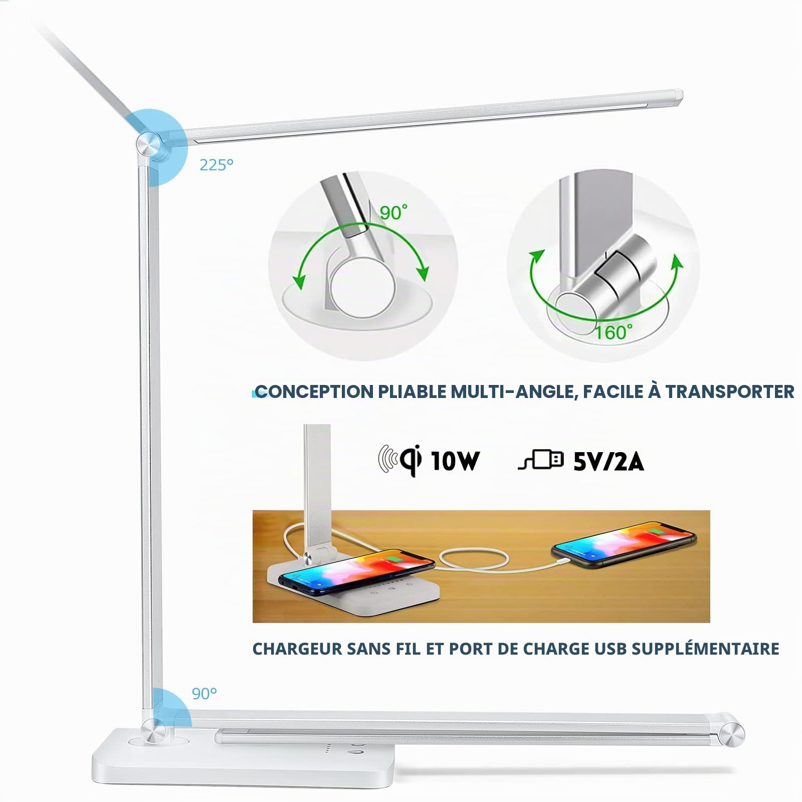BIENSER Lampe de Bureau LED, 10W Chargeur Induction & USB, 10 Luminosités × 5 Couleurs, Lampe de Table Dimmerable, Protection des Yeux, Contrôle Tactile, Fonction Mémoire, 30/60min Minuterie Auto, 20W