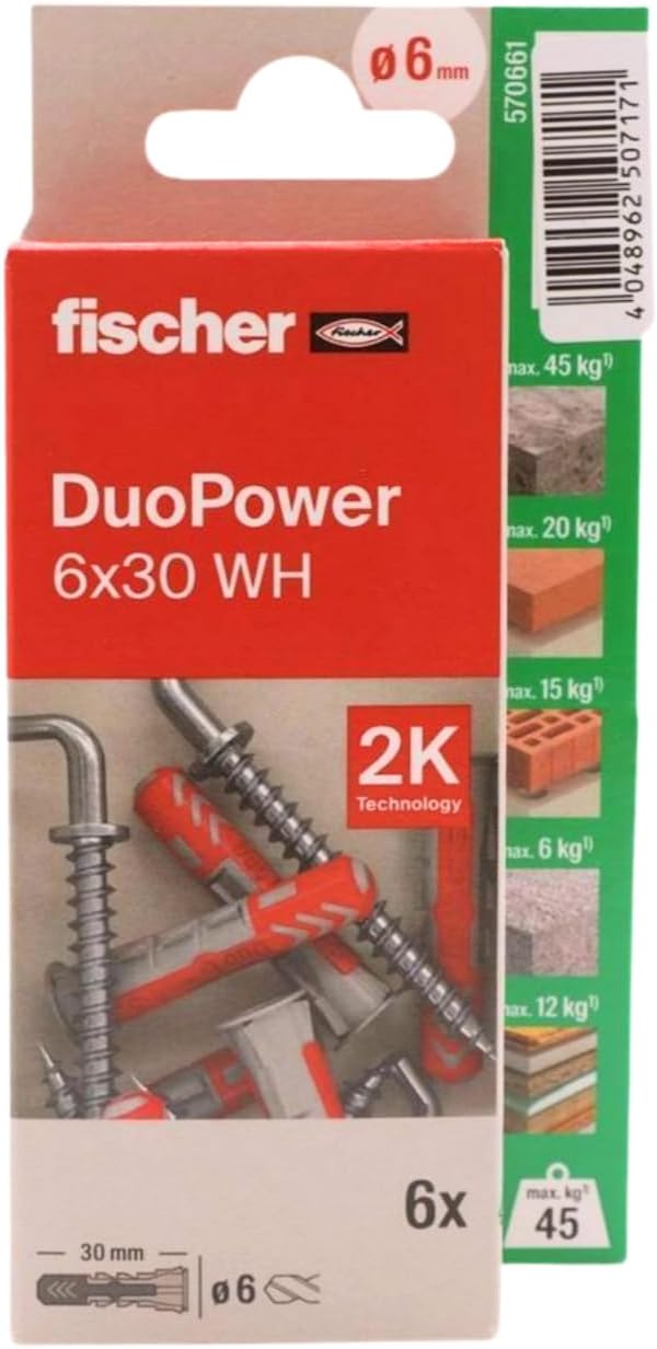 fischer Duopower 6 x 30 with Hooks - 6U Wall Anchors Various Materials Suitable for Hanging Bikes, Pictures, Cabinets, TVs, Shelves, Furniture