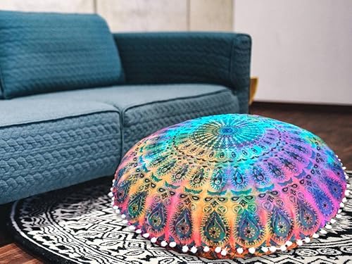 32 Inch Floor Pillows "Cover Only" Cushion Cover Pouf Cover Round Mandala Meditation Cushions Seating Pillows Cover Throws Ottoman Case Bohemian Tie Dye Indian (32” Pillow Cover Only, Without Insert) #TOP6