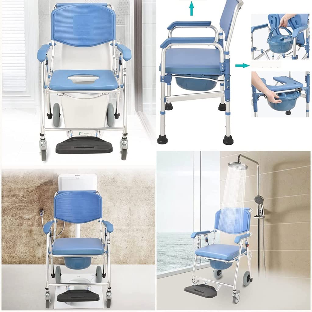ZZTWER Foldable Commode/Shower Chair Bedside Commode Wheelchair Mobile Toilet Chair Transport Chair,Anti-Slip Shower Rolling Chair with Foldable Footrest,Up to 150 Kg Toilet Alternative Chair
