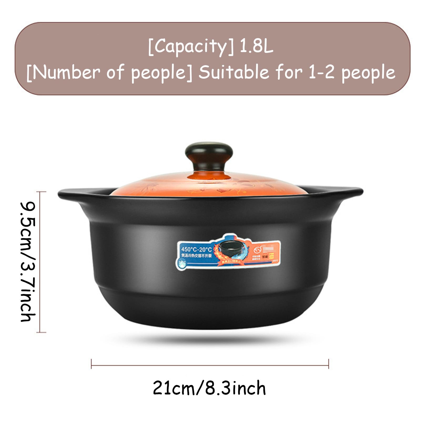 Rondle Duże garnki Gliniane, do garnków glinianych z pokrywką Podwójny uchwyt Odporne na ciepło(1.8L/1.6Quarts)