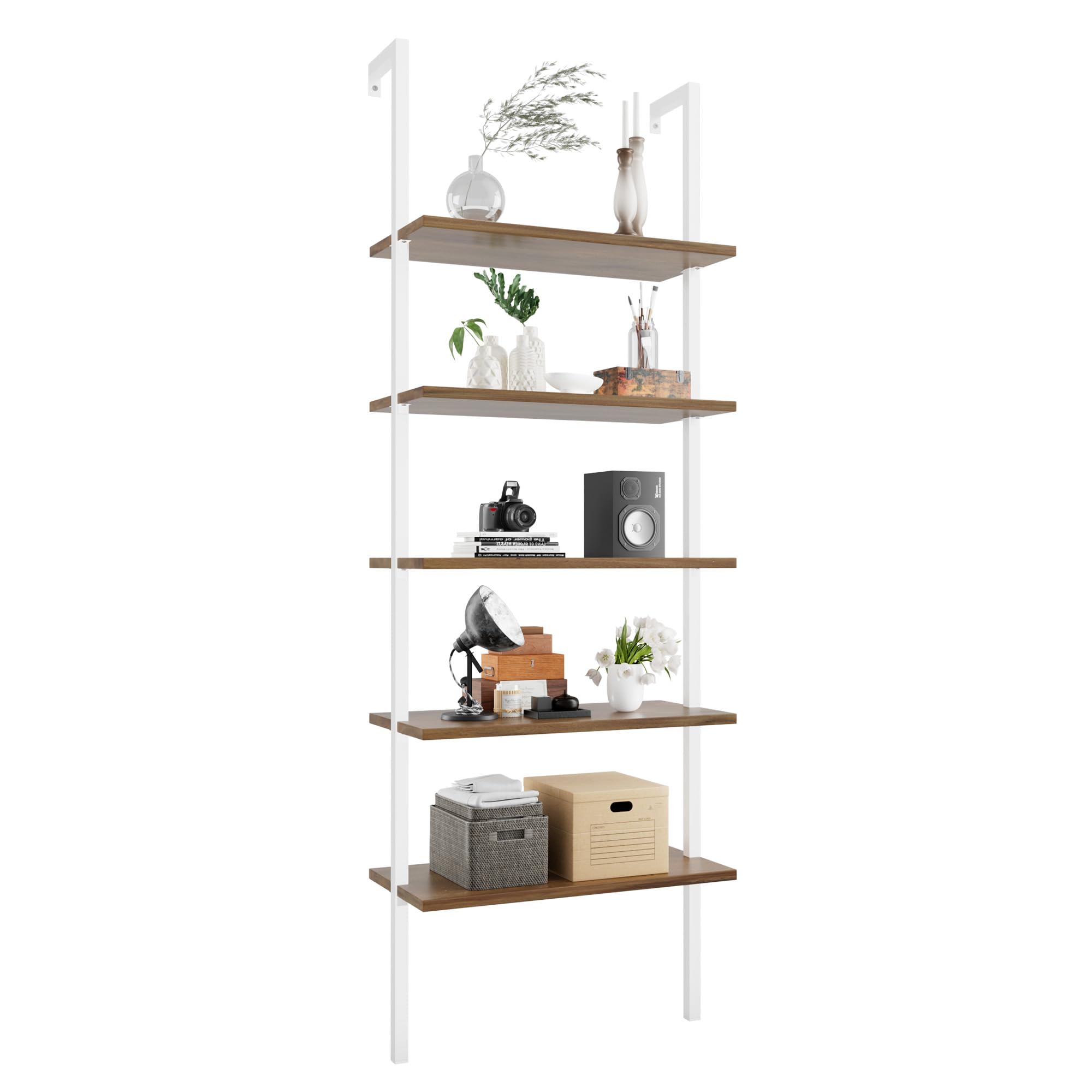 Flamaker 5-Tier Bookshelf Wall Mount Ladder Bookcase Industrial Standing Corner Bookshelf with Wood Board and Metal Frame, Modern Tall Narrow Storage