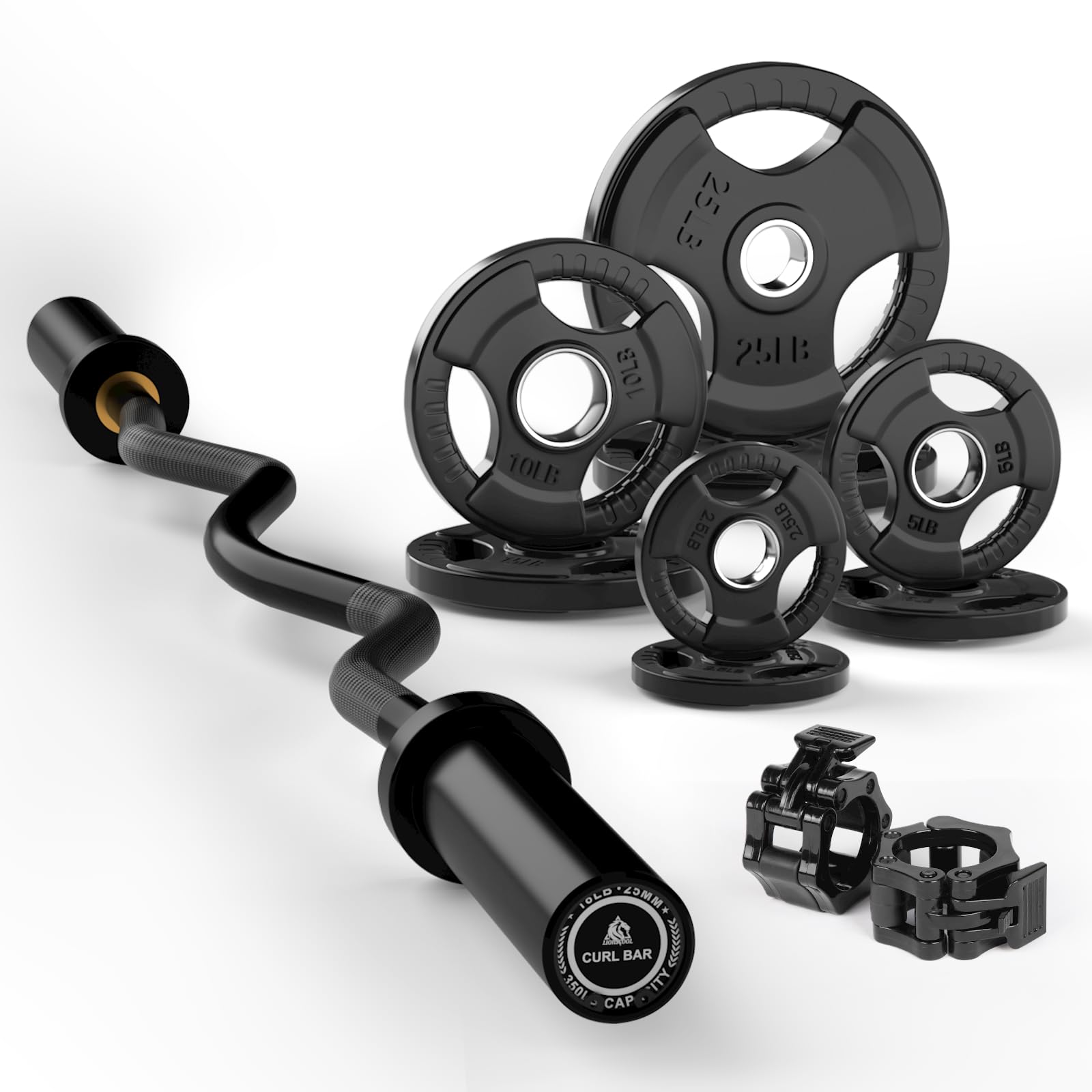 LIONSCOOL Black EZ Curl Bar with 85lb Weight Plate Set and Barbell Clamps
