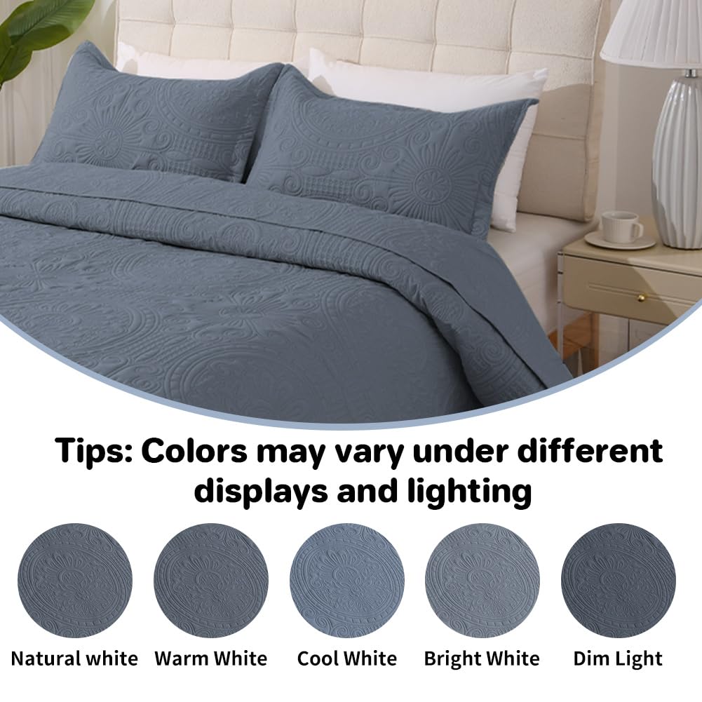 DUJUIKE Colcha Acolchada Ligera para Todas Las Estaciones, con 2 Fundas De Almohada De 50x90 cm, Colcha Acolchada Estampada, Multiusos para Cama Doble Matrimonio de 150 cm (Azul Grisáceo, 240x260cm)