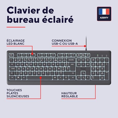 Clavier Filaire AZERTY Éclairé Trust Primo Câble USB-C pour PC Mac