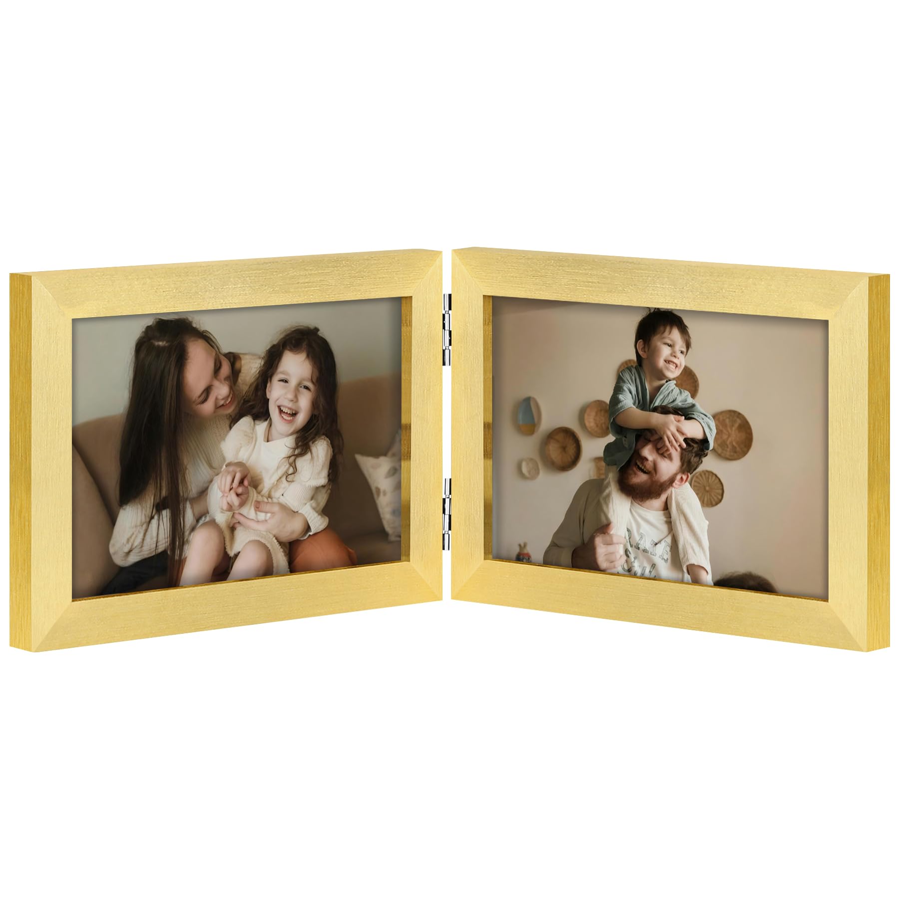 Photo 1 of decorUhome Double 6x4 Picture Frame Horizontal, Engineered Wood Bifold Photo Frame with Plexiglass for Tabletop Display, 6x4, Gold