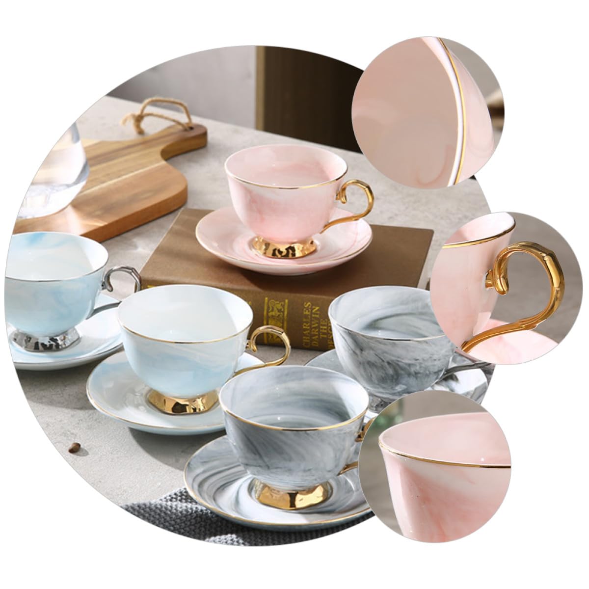 SHERCHPRY Ensemble Tasse à Café Porcelaine 250ml avec Soucoupe Motif Marbre Rouge en Céramique Design Moderne pour Boissons Chaudes et Froides