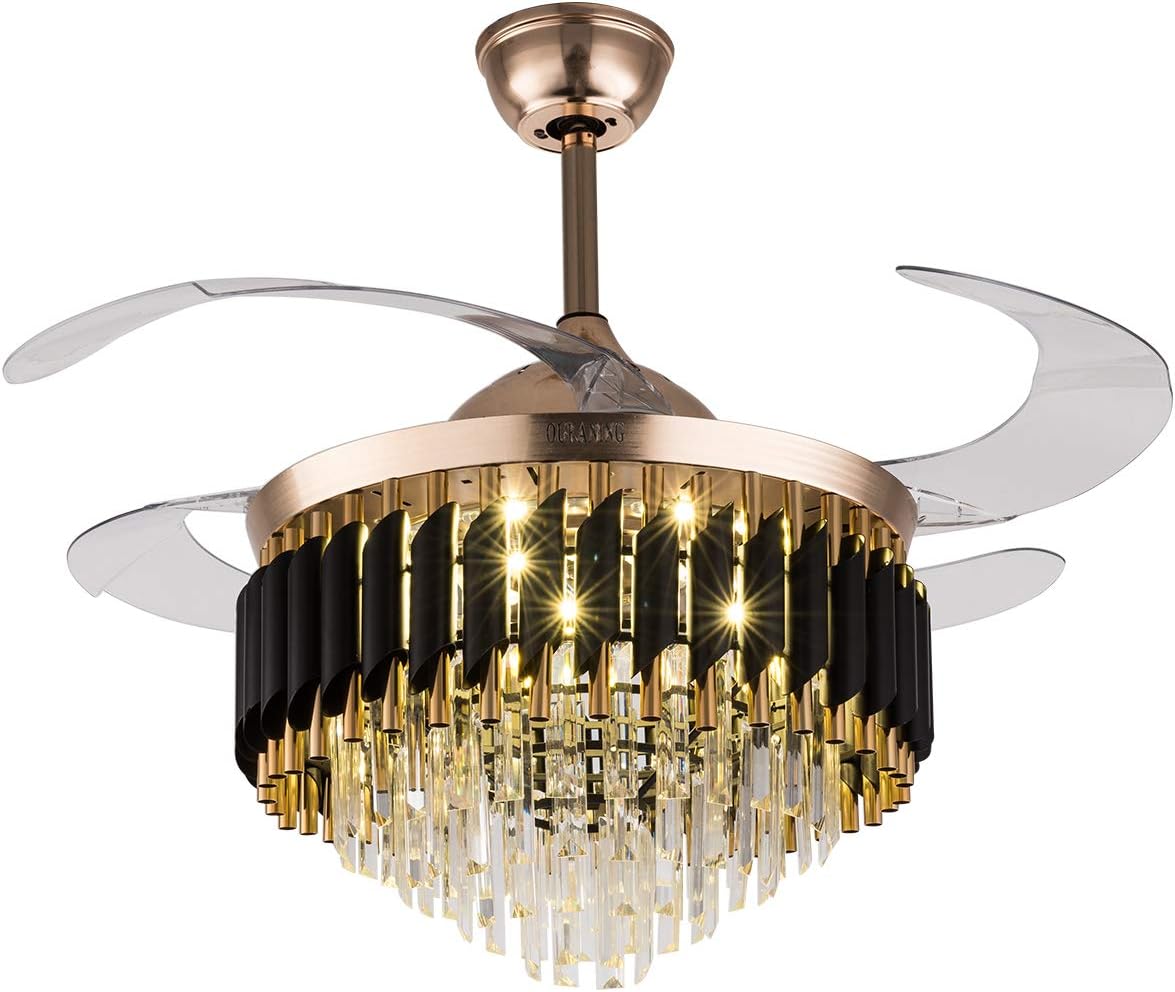 Modern Crystal Fandelier Chandelier 42" Gold Retractable Fan with Light, Remote, 3 Wind Gear & 3 Lighting Colors & Smart Timing, Home Decoration Quite Chic Fandelier