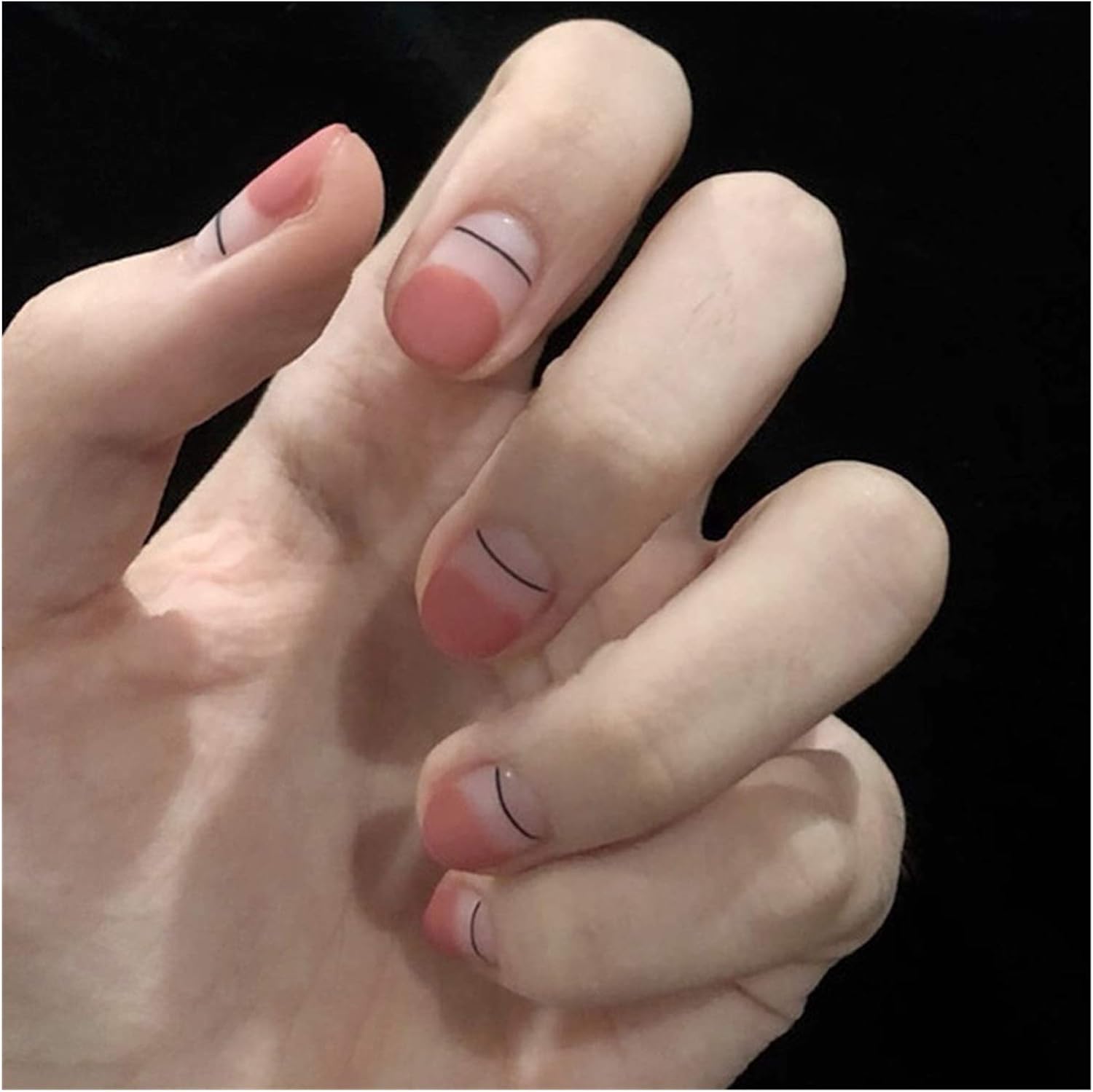 DANSHILONG Nail-Design Cute Clear Design Nail Tips Short Kids Pink False Nails Black Stripe Fake Nails with Glue Fake Nails Press On : Beauty & Personal Care