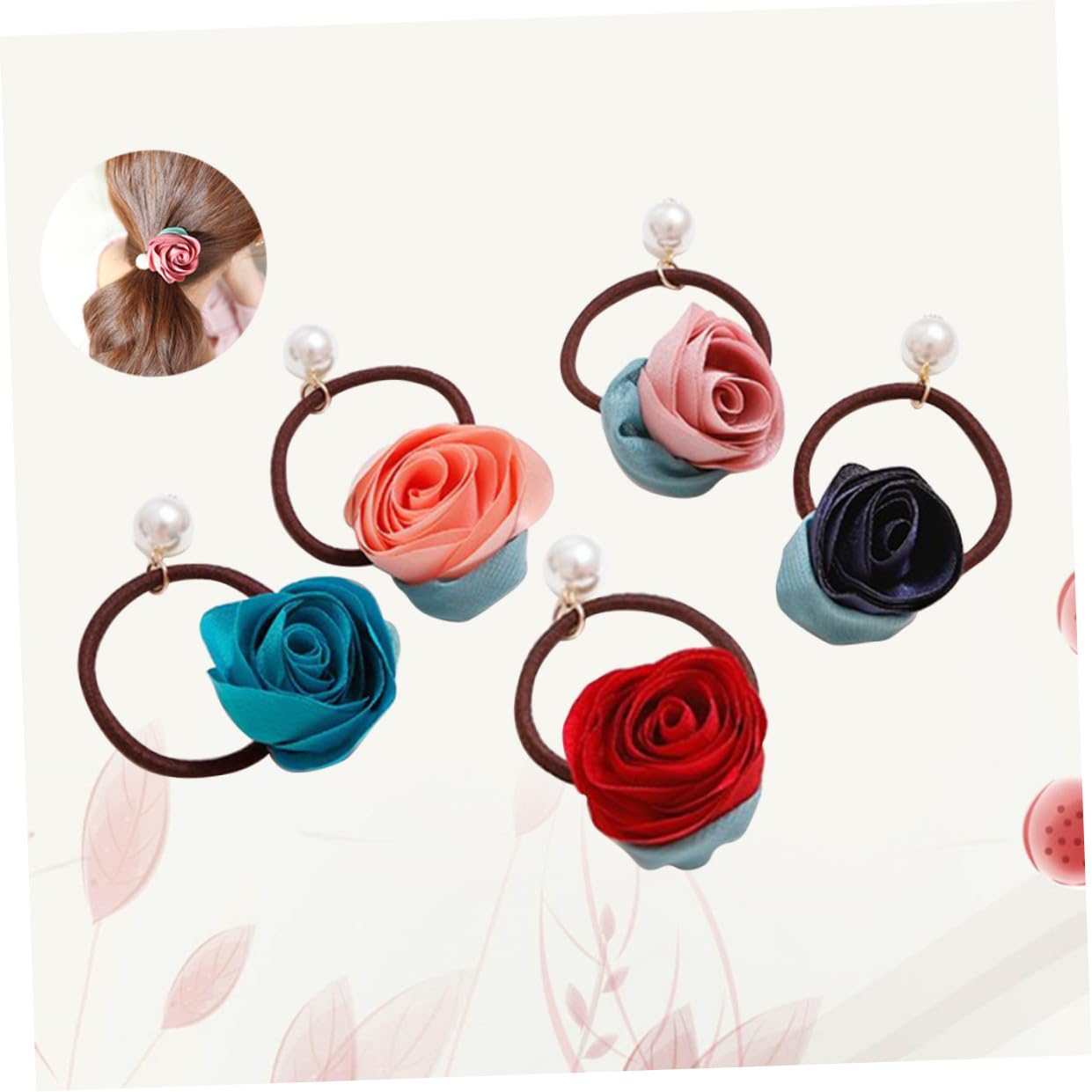 MERRYHAPY 5pcs Pearl Rose Flower Hair Ties Elastic Hair Rings for Boy Girl Stylish Ponytail Holders for Girls and Toddlers Random Colors