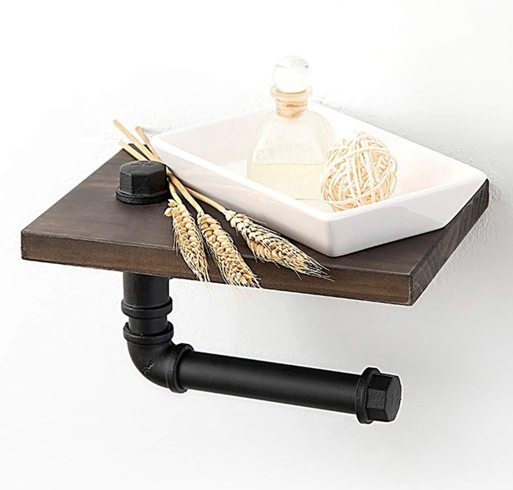 Industrial Pipe Toilet Paper Holder with Wooden Shelf for Bathroom Washroom Wall Mounted Kit Commercial Metal Rustic