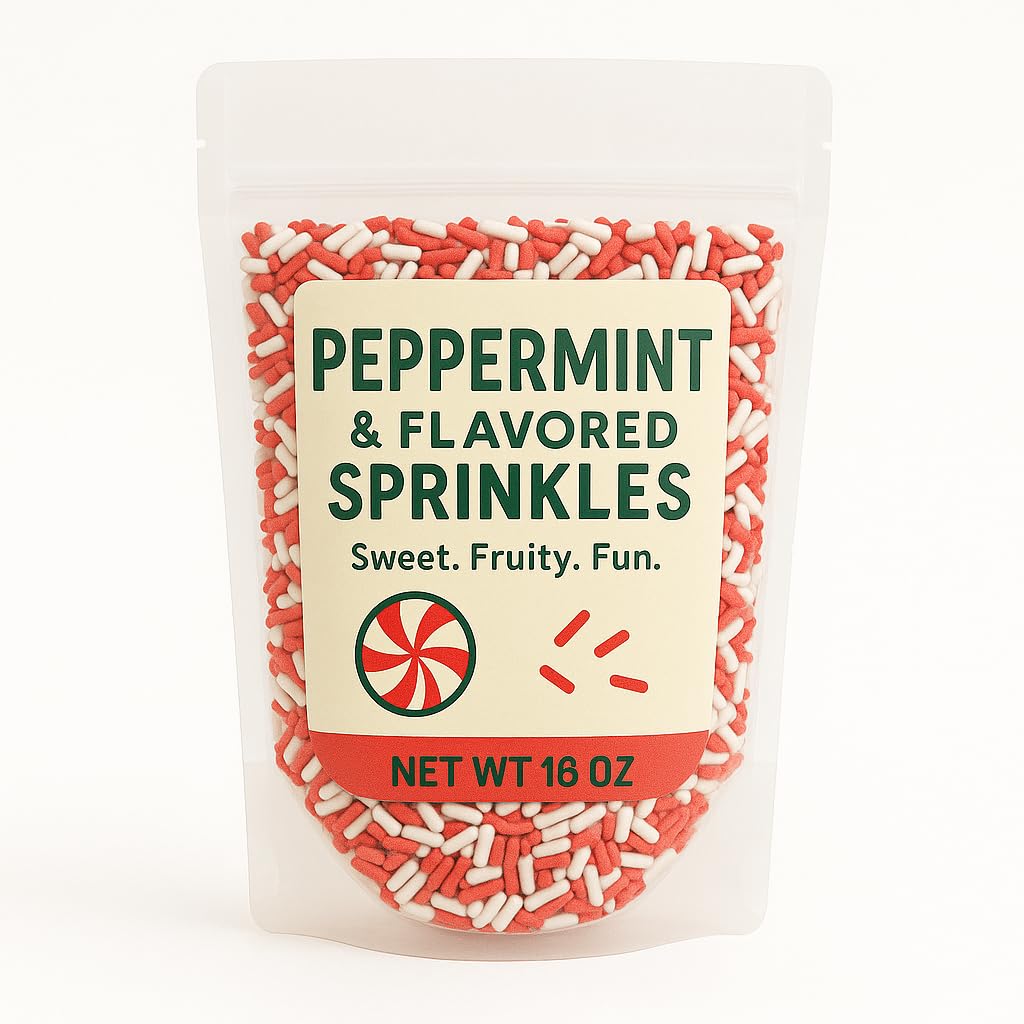 Peppermint Red & White Flavored Sprinkles 16 oz Resealable Bag Holiday Candy Themed Edible Decorations for Baking, Cookies, Cupcakes, Cake Pops & More Sweet, Fruity, Fun!