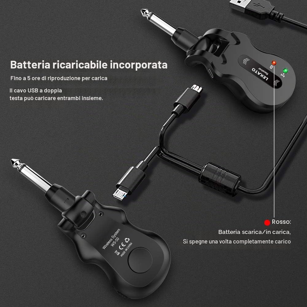 LEKATO - Sistema ricetrasmettitore digitale senza fili per chitarra e basso, ad alta frequenza, 5,8 GHz, ricaricabile