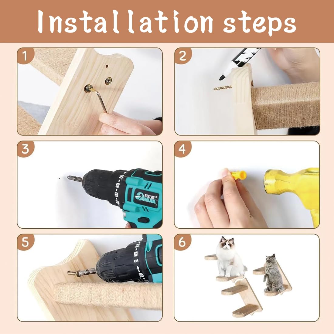 Katzentreppe 2 Stufen, Katzenleiter Mit Juteseil, Katzentreppe Wand, Katzenbretter Für Die Wand, Katzen Treppe, Katzentreppe Kletterwand Katzen Für Katze Klettern Spielen, Natürliche Holzfarbe