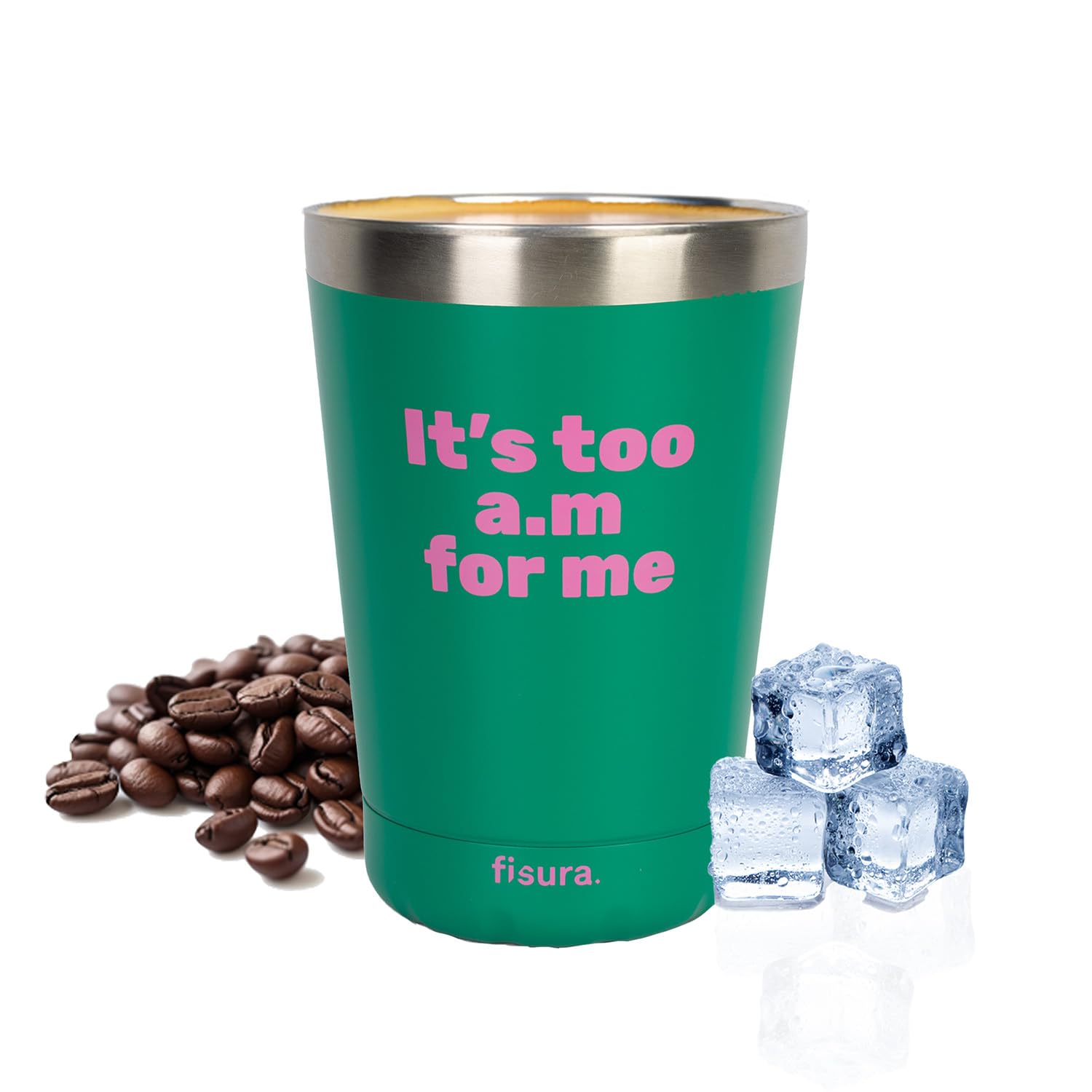 Fisura – Vaso termo original. Vaso termo café para llevar granate. Taza de café 310 ml. Taza térmica acero inoxidable. Libre de BPA. Para coche. (Too a.m, verde)