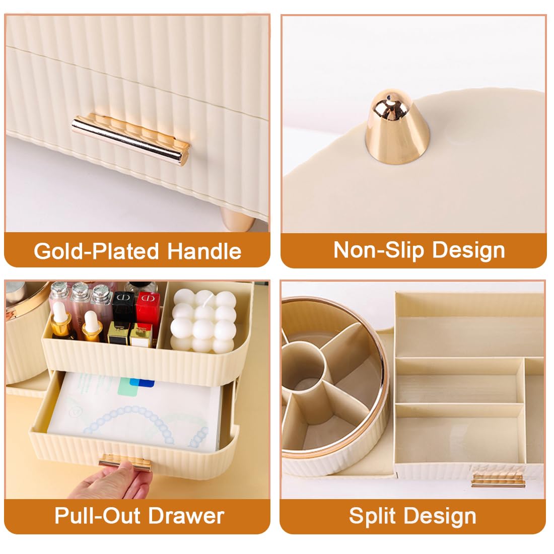 Rotating Makeup Organizer,Large Capacity Cosmetic Display Case for Vanity with Brush Holder, Cosmetic Makeup Storage Organizer, Spinning Makeup Skincare Organizer for Cosmetics, Jewelry(Beige)