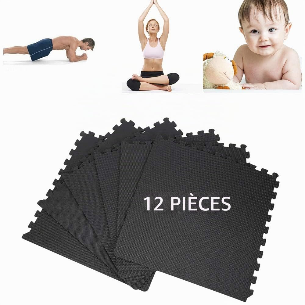 Tapis de Sport de Sol Salle de Fitness, Dalles en Mousse EVA sans BPA, Tapis de Protection de Sol 60 x 60 x 1 cm, Tapis de Protection Antidérapant pour Matériel Gym, Chambre (60cm-Noir A,12PCS)