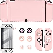 DLseego Switch OLED Protective Case Dockable Hard Shell Anti-Scratch Cover Joycon Accessory Skin with 6PCS Thumb Grips Caps and 2Pc Screen Protectors - Pink