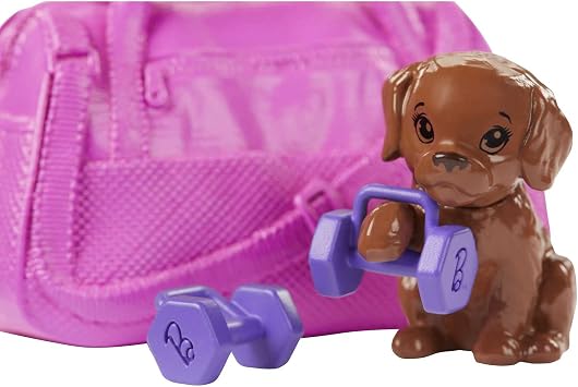 Barbie Doll, Red-Haired Fitness Doll with Puppy & 9 Accessories Including Yoga Mat with Strap, Hula Hoop, Weights & Bag