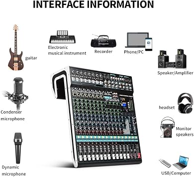 オーディオミキサー プロフェッショナル 16 チャンネル Bluetooth ミキサー、USB サウンドミキシングコンソール AUX レコーディングステージ付き