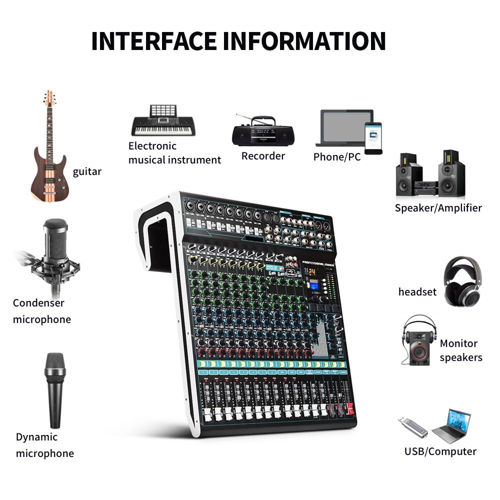Mezclador de Audio, Mezclador Bluetooth Profesional de 16 Canales con Consola de Mezcla de Sonido USB Etapa de grabación Auxiliar para Karaoke, Estudio, Streaming y grabación
