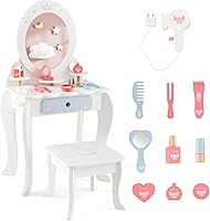 Vista 11 de Juego de tocador para niños Costzon, 2 en 1, mesa de maquillaje y silla princesa con espejo plegable desmontable, tocador para niñas pequeñas
