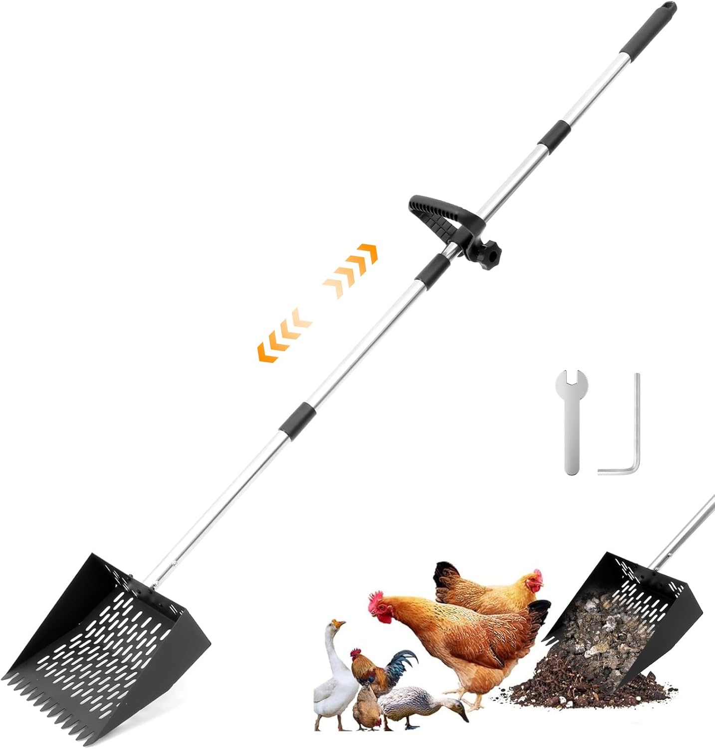 2 in 1 Chicken Poop Scooper and Rake 10 Inches Sand Sifting Shovel with Adjustable Handle Non Stick Mesh Surface for Litter Cleaning