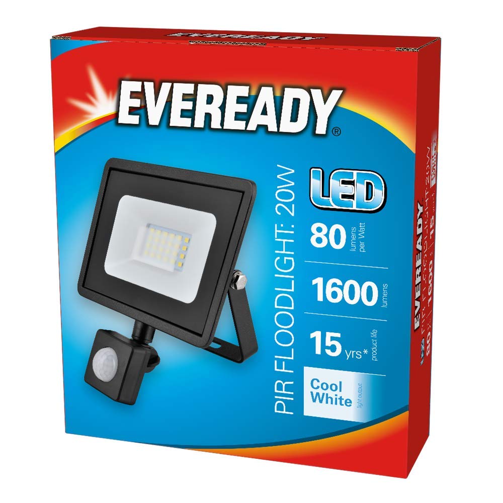 Eveready S13949-20w, Black Body, IP65, 4000k Cool White, 1600lm Lumens, PIR Motion Sensor, LED Floodlight