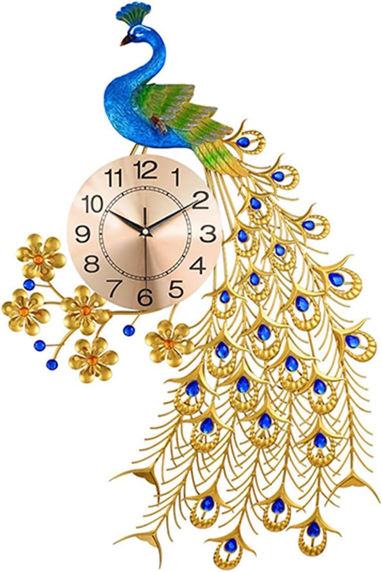 Large Peacock Wall Clock for Living Room Decor,Mid Century Decorative Big Wall Clocks Non-Ticking Silent Luxury Peacock Clock for Dining Room Bedroom Gold&blue 31.5*25.6 Inch