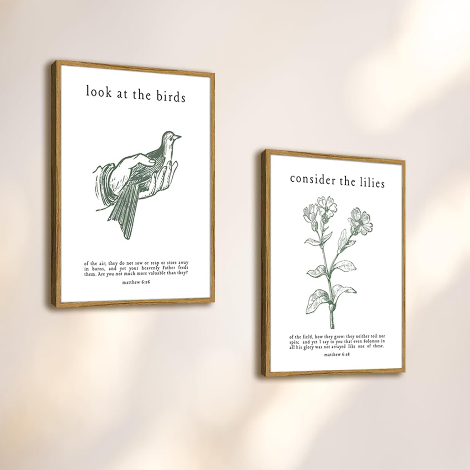 Framed Christian Wall Art Set – Matthew 6:26 “Look at the Birds” & “Consider the Lilies” Catholic Scripture Prints – Inspirational Bible Verse Wall Decor for Home, Church, Bedroom, Living Room12x16 Inches