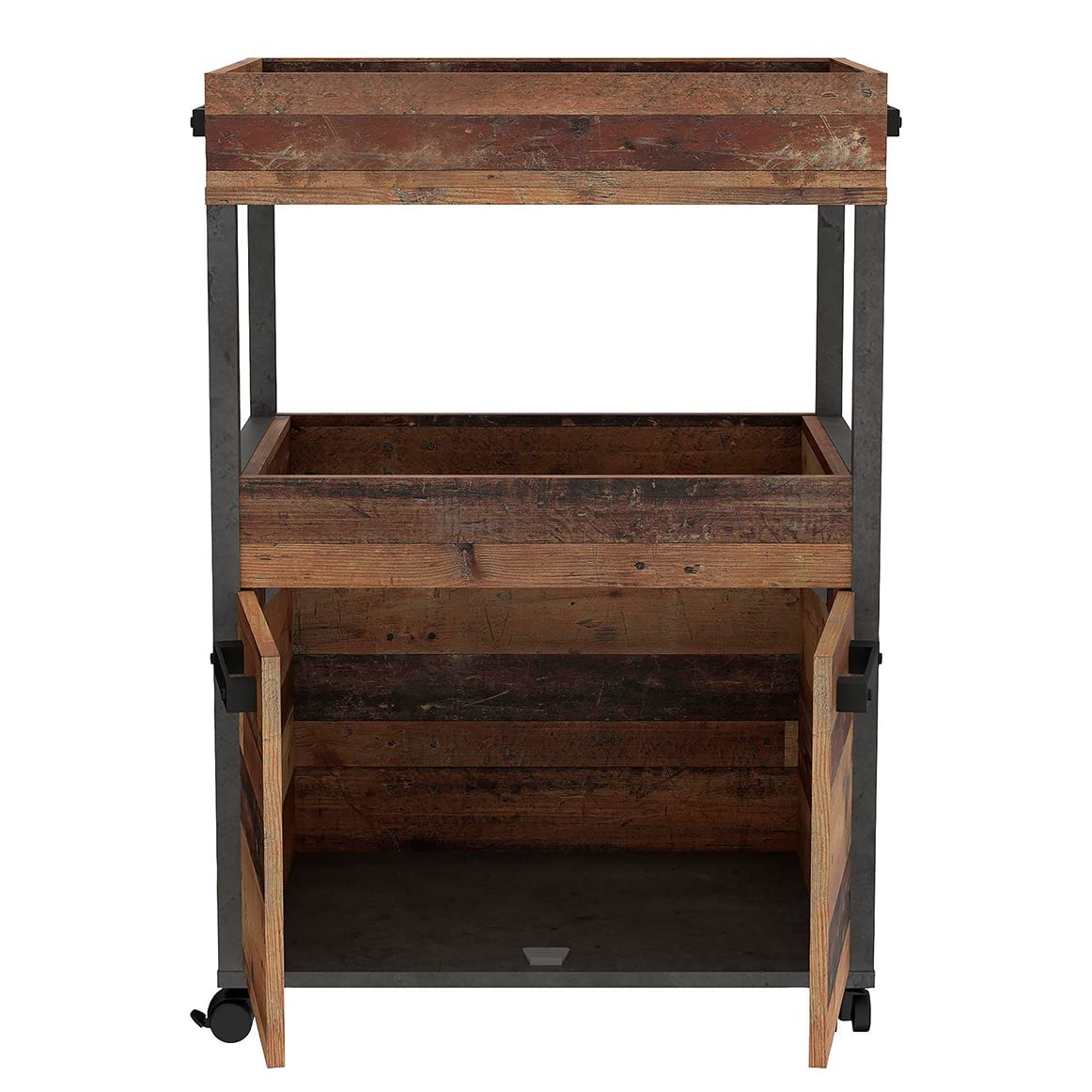 Benji - Mueble bar con 2 puertas y 2 bandejas de almacenamiento, patas sobre ruedas, madera antigua, hormigón oscuro